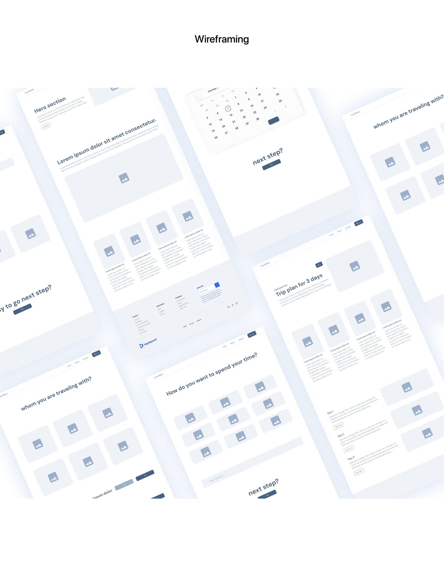 Low-fidelity wireframes for the TravelMate website laid out in an isometric grid